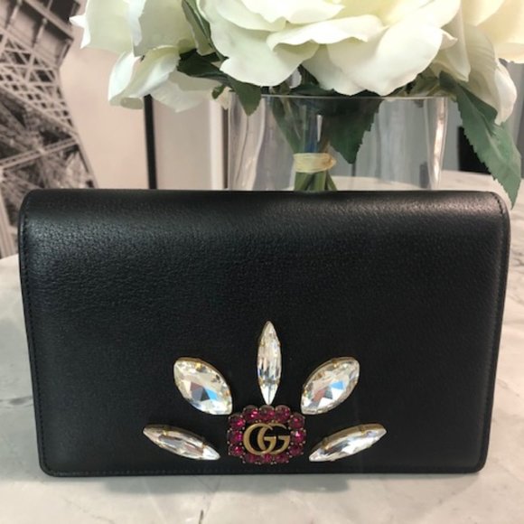 GG Marmont Crystals Black Grained Leather - Picture 1 of 5